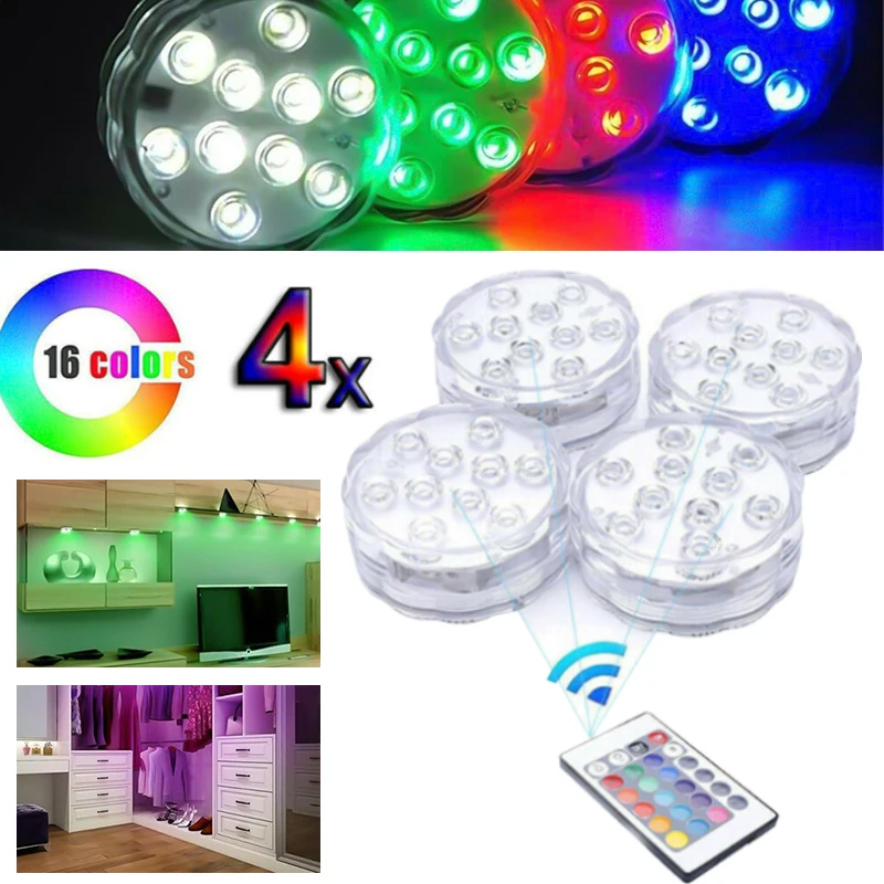 Погружной светодиодный светильник 4 шт. IP68 RGB лампа с 10 белыми бусинами и