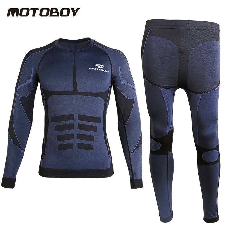 Motoboy Для мужчин белья для мотоциклистов мотоцикле, велосипеде, Лыжный Спорт зимнее теплое нижнее белье базовый слой обтягивающие длинные кальсоны: Топ и штаны, комплект - Цвет: Синий