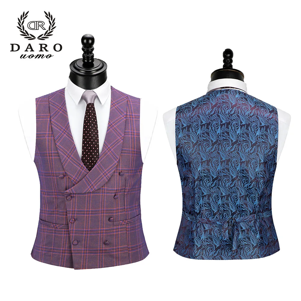 DARO 2020 New Men Suit 3 Pieces Fashion Plaid Suit Slim Fit blue purple Wedding Dress Suits Blazer Pant and Vest DR8193