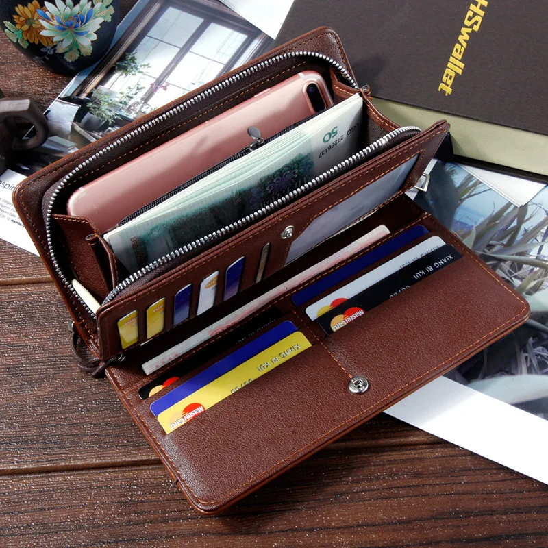 New Long Business Men's Leather Wallet With Coin Pocket Big Capacity Man Phone Purse Fashion Zipper Clutch Bag For Male