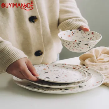 

Terrazzo Dinner Plates Dessert Dishes Bowl Tableware Sets Salad Bowl Ceramic Plates