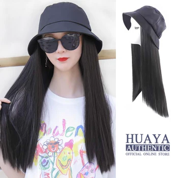 

HUAYA Women's Hat Wig Heat Resistant Synthetic Fiber Fisherman Hat Long Straight Hair Fluffy Natural Two-in-One Sun Hat Wig