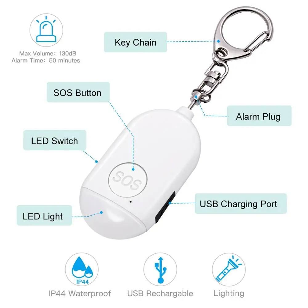 Self Defense Alarm 130dB Rechargeable Girl Women Security Protect Personal Safety Scream Keychain Emergency Alarm LED Flashlight