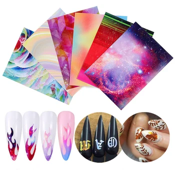 

6/13/16 Sheets Flame Nail Stickers Leaf Letter Nail Art Motorcycle Inspired Full Stencil Decals Manicure Holographic Gold Silver