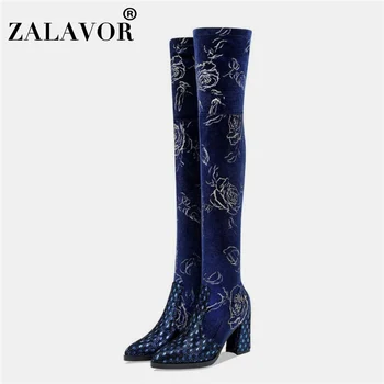 

ZALAVOR Real Leather Women Boots Vintage Style Over Knee High Boots Thick Heel Print Suede Women Shoes Sexy Zapatos Size 33-40