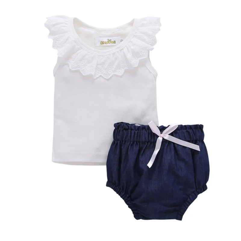 

2019 Baby Summer Baby Girls Neckline Lace Characteristics Sleeveless Triangle Shorts Two-Piece Set Children's Clothing