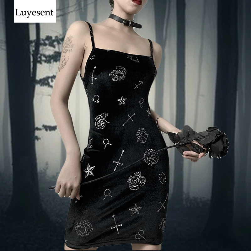 

Black Goth Woman Tight Sexy Dress 2020 Lady Gothic Constellation Print Bodycon Strap Backless Sleeveless Punk Basic Rock Dresses