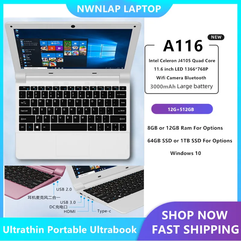 Новый ноутбук A116 ОЗУ 12 Гб + 512 M.2 SSD 11 6 дюйма Intel J4105 четырехъядерный процессор Windows10