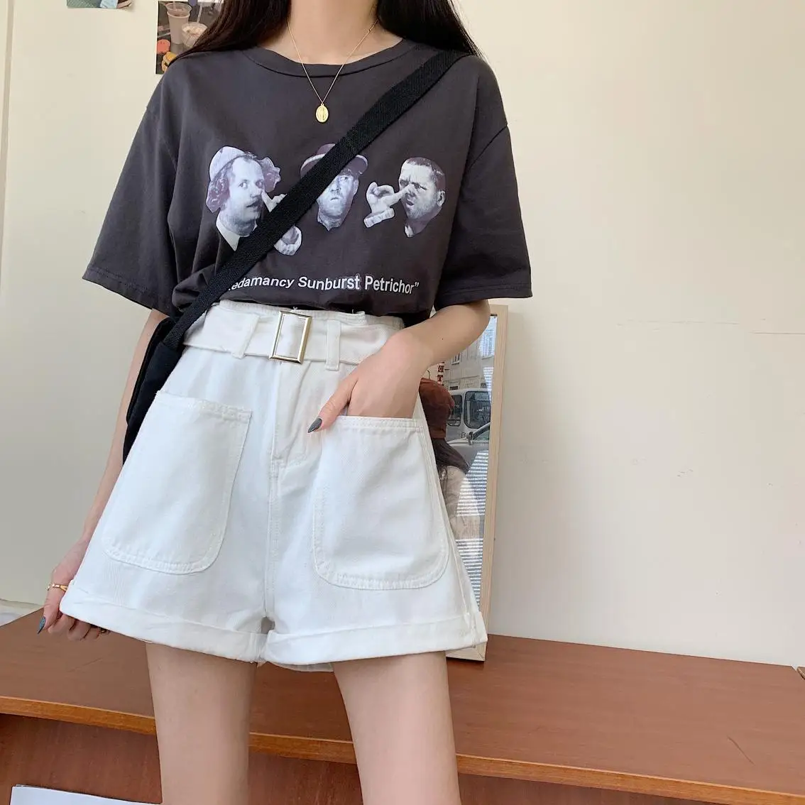 

ZOSOL Loose All-match Solid Color Jeans Simple Wide Leg High Waist Straight-Leg Pants Shorts Fashion