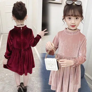 

Girl's Round Neck Long Sleeve Solid Color Golden Velvet Knee Length Dresses Casual Fashion Flowers Side Dresses Party Dresses
