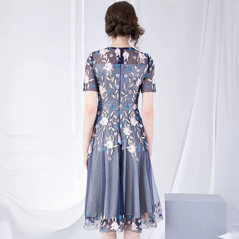 Online 2019 sommer neue rundhals kurzarm schlank hohe taille kleid perlen mesh schlank temperament elegante A linie kleider