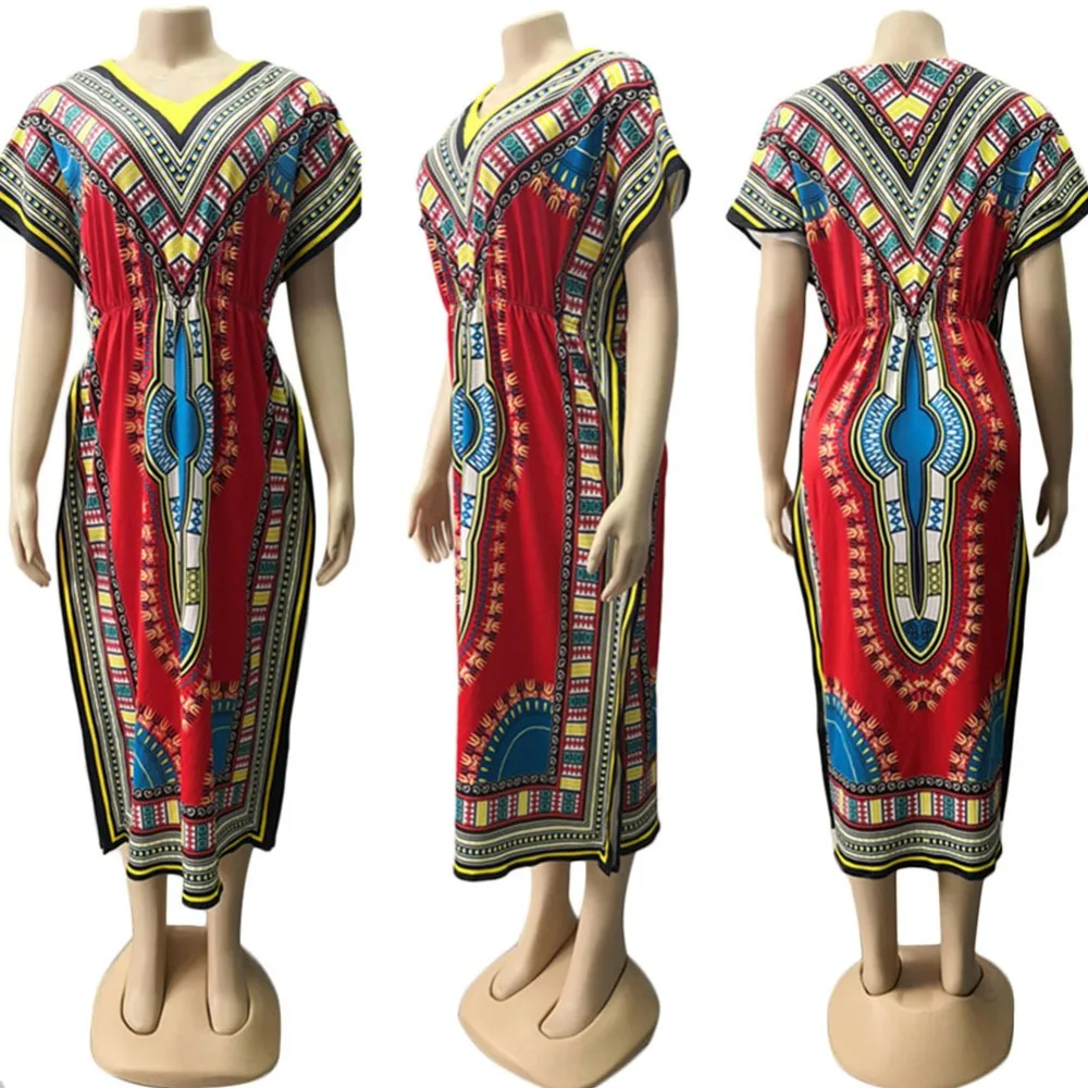 Fadzeco Африканское платье для женщин с v-образным вырезом и коротким рукавом Макси платье с этническим принтом модный халат Femme африканская