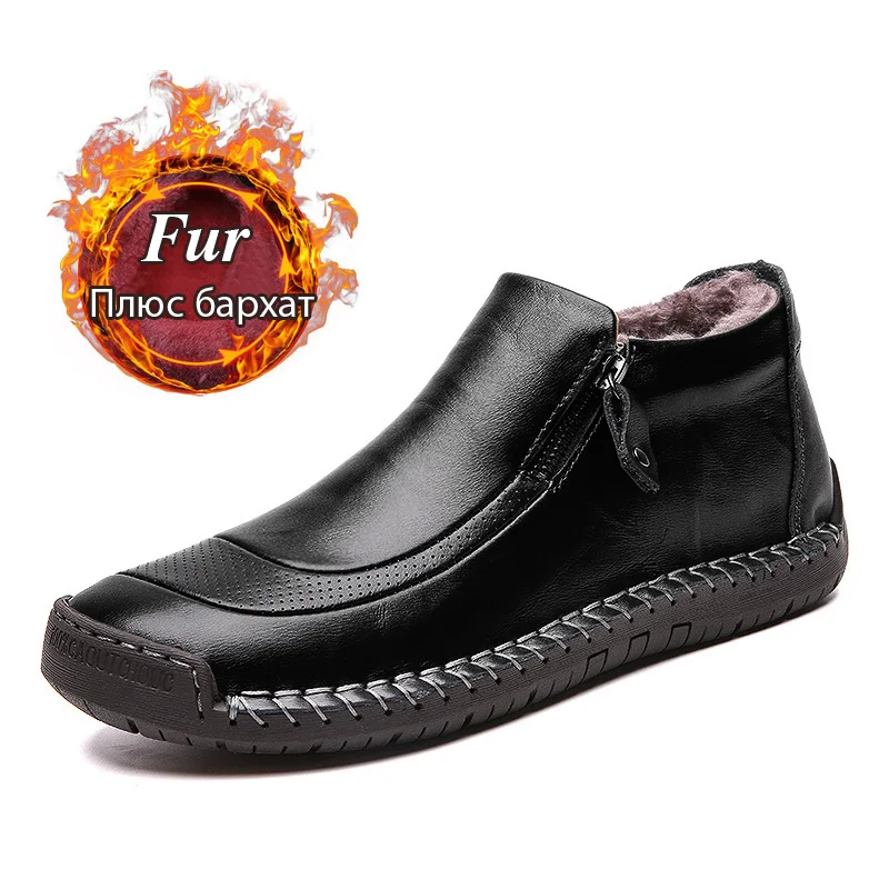 Модные кожаные мужские ботинки; теплая плюшевая зимняя мужская повседневная обувь; высококачественные зимние ботинки из спилка; уличная теплая зимняя мужская обувь - Цвет: fur black