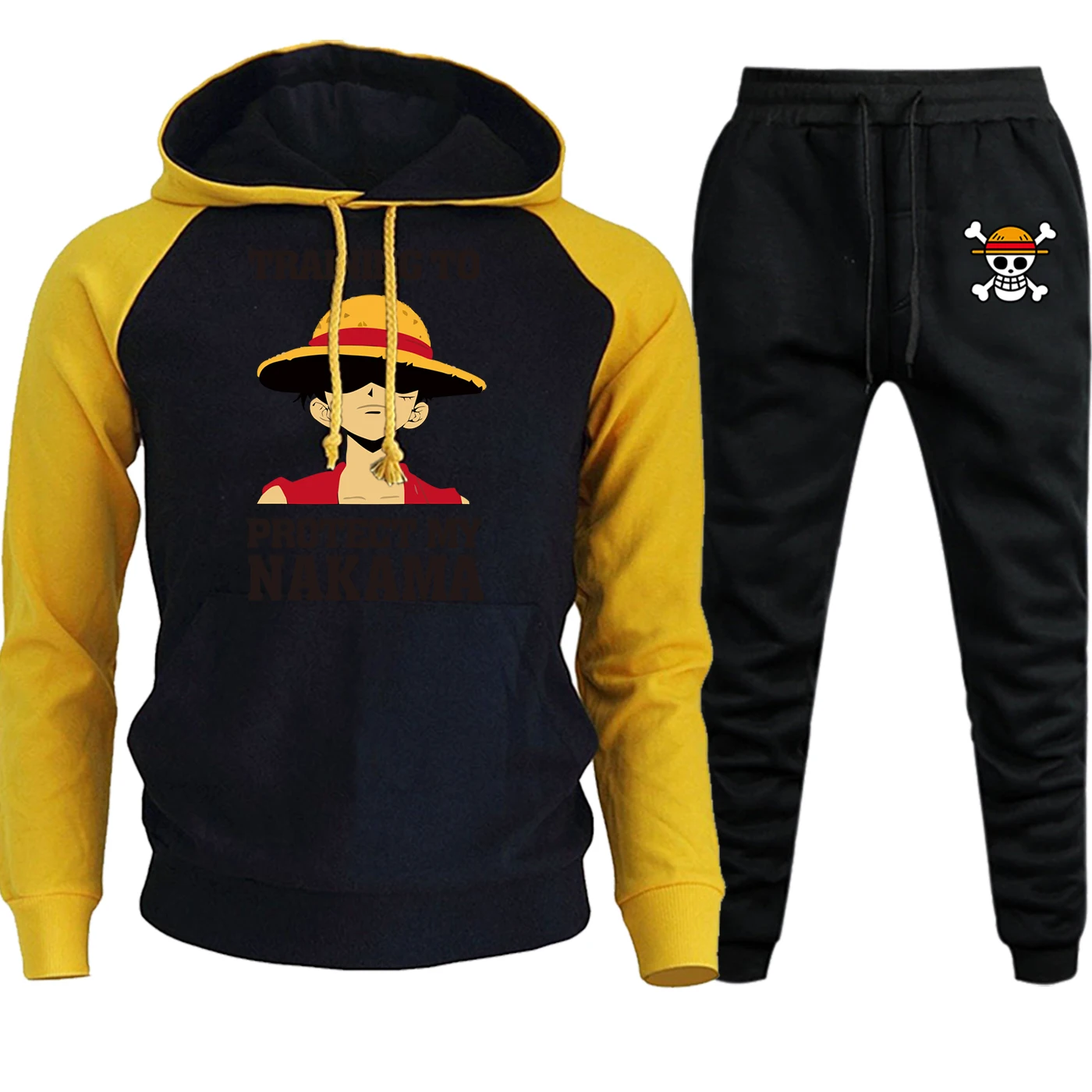 Luffy, сдельный мужской свитер с капюшоном, реглан, Осень-зима, мультяшный принт, Мужской пуловер, флисовая толстовка+ штаны, комплект из 2 предметов