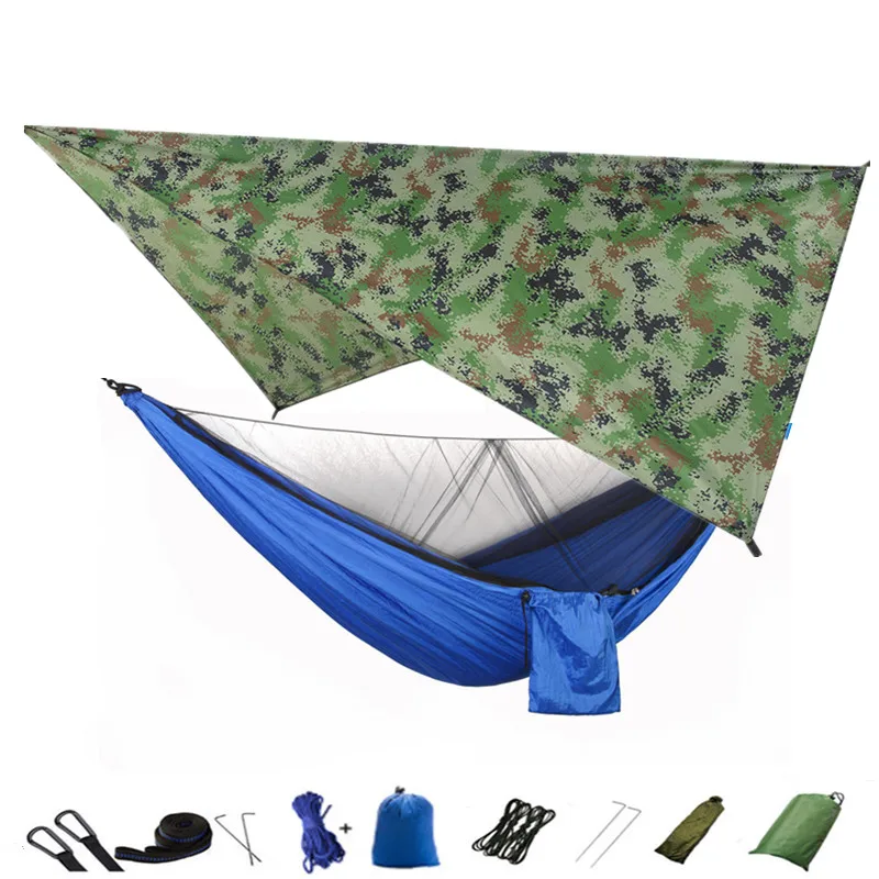 Camouflage and blue Портативный гамак из парашютной ткани с москитной сеткой и гамаком навес армии выживания гамаки Путешествия нейлон гамак Кемпинг гамак - Цвет: Camouflage and blue