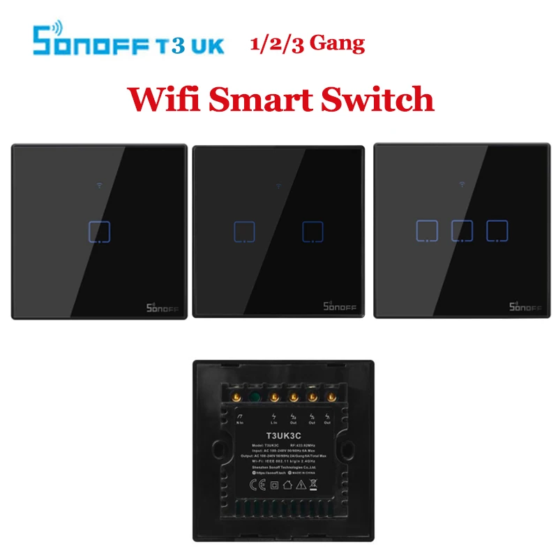 

Sonoff T3 UK Smart Wifi Light Switch 1 2 3 Gang Touch/WiFi/RF/APP Remote Control Smart Home Wall Touch Switch Work with Alexa