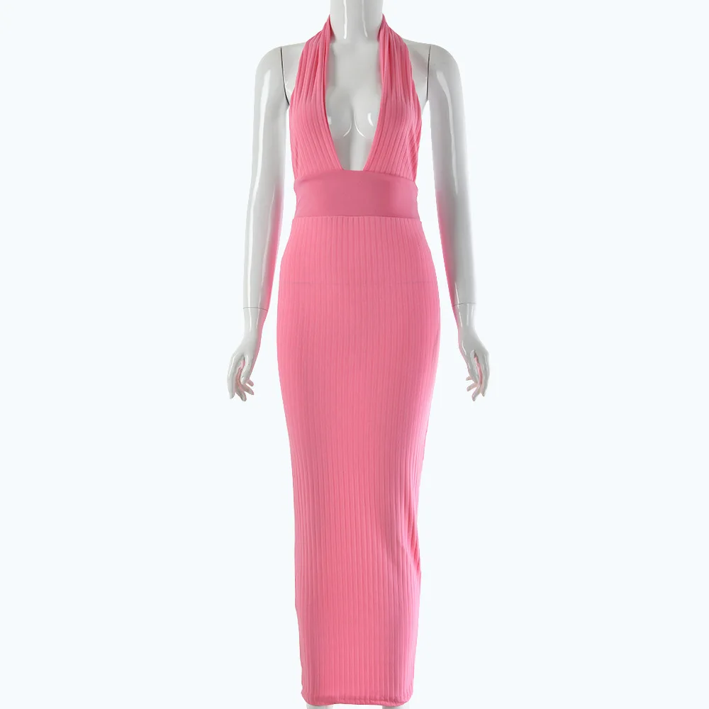 Глубокий v-образный Вырез Холтер длинное платье с открытой спиной вечернее платье-футляр женское платье карандаш обтягивающее элегантное платье vestido розовый красный - Цвет: pink