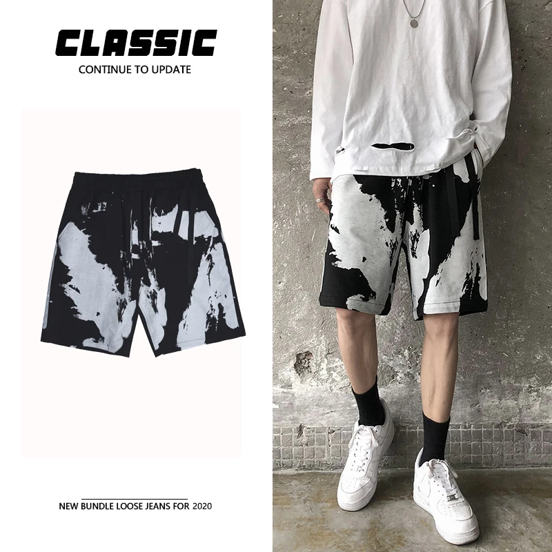 

Summer Splash Ink Printed Shorts Men's Casual Stretch Waist Beach Shorts Men Streetwear Loose Hip-hop Shorts Mens M-2XL