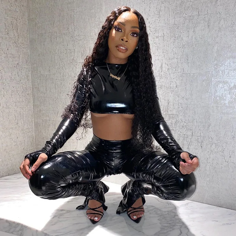 

Black PU Leather Sexy Two Piece Sets For Women Short Tops And Split Pants Winter Autumn 2 Piece Outfits Party Club Tracksuit New