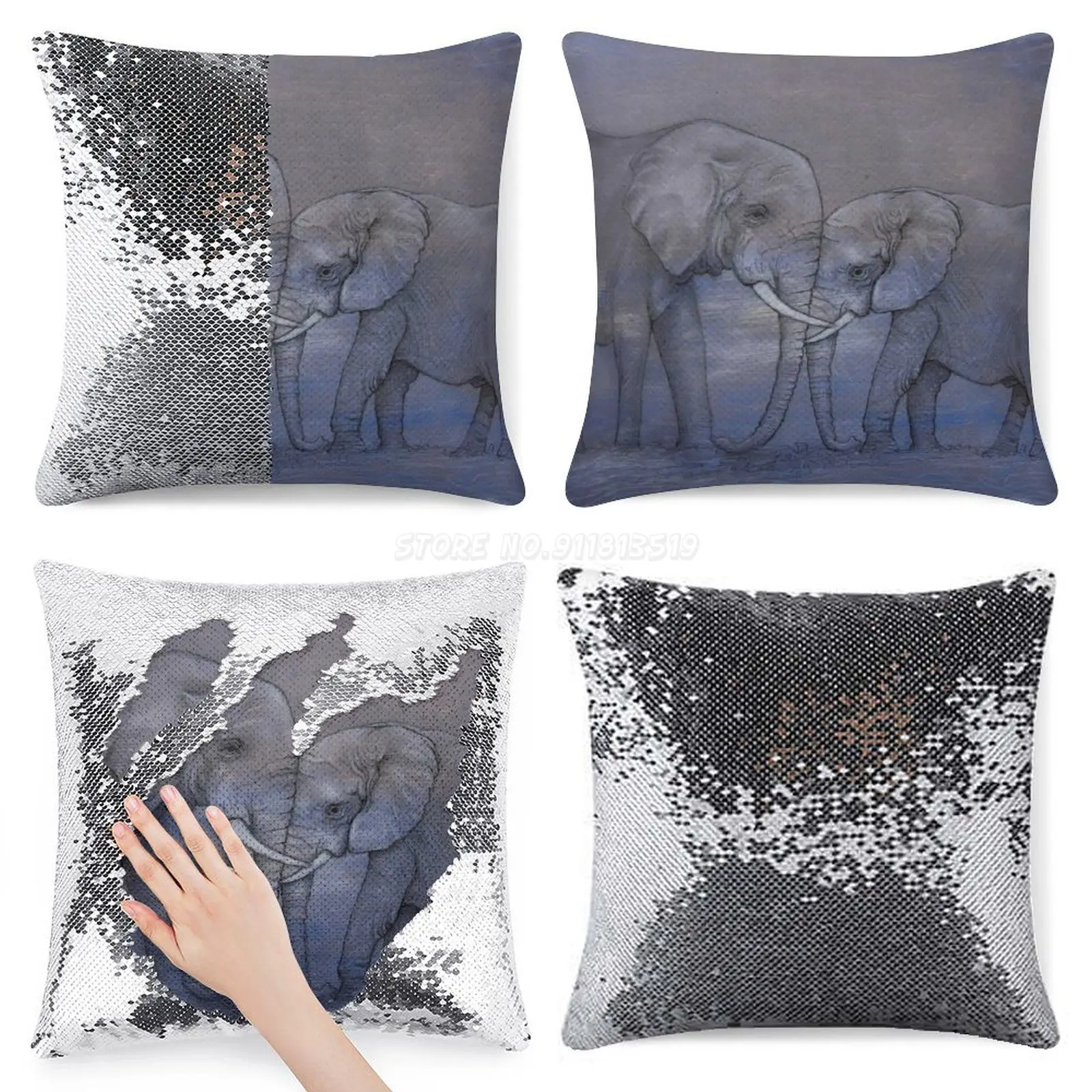 Elephant Love Sequin Pillowcase Throw Pillow Cover for Sofa 40X40cm Mermaid Elephants Kiss Animals Purple Cute | Дом и сад
