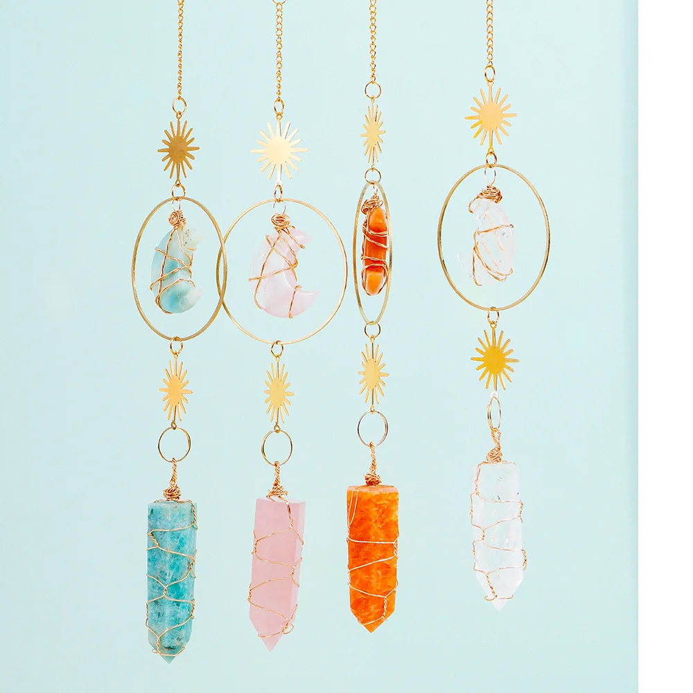 Natural Crystal Handmade Wind Chime Rose Quartz Dream Moon Sun Catchers Pendant Window Hanging Ornament Home Room Decor Gift