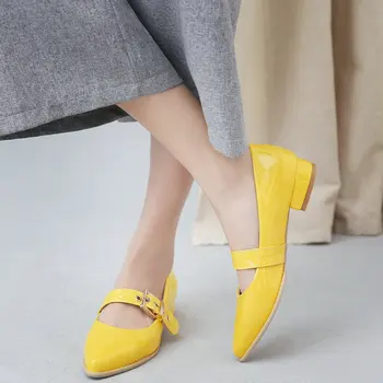 

COOLULU 2020 New Women Low Heel Pumps Pointed Toe Patent Leather Mary Jane Pumps Women Shoes Yellow Pumps Size 33-48