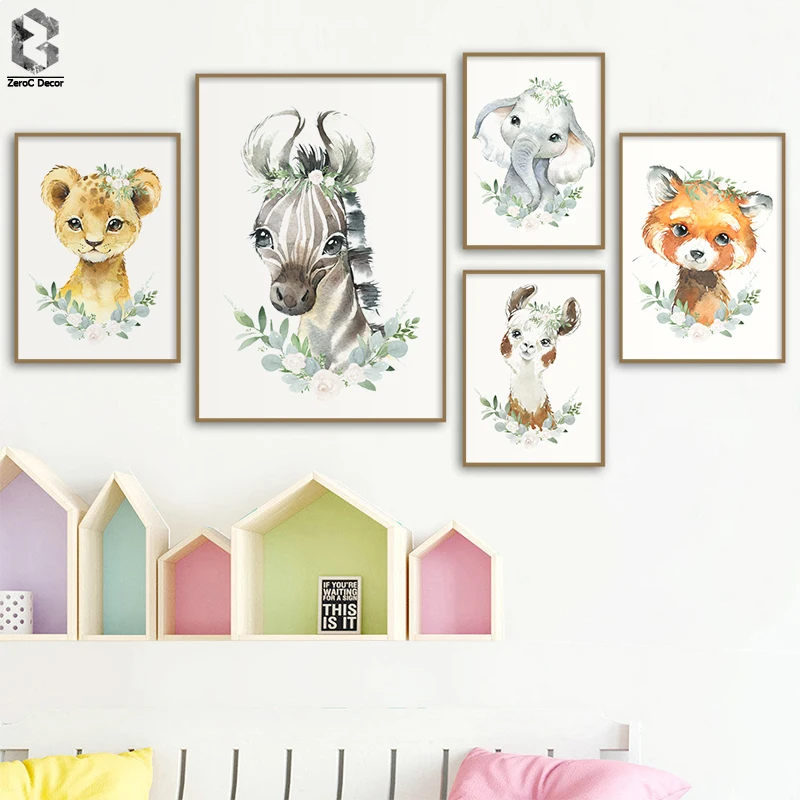 

Flower Crown Wild Animals Elephant Tiger Fox Alpaca Zebra Cute Canvas Painting Poster Nursery Wall Art Print For Baby Room Decor