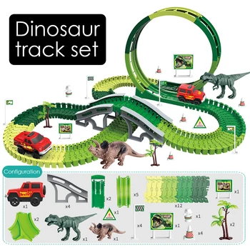 

Dinosaur Toys Dinosaur World Road Racing Dinosaur Track Play Sets DIY Bend Flexible Race Track Electronic Car Toys For Children