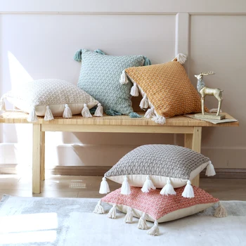 

Knit Cushion Cover 45x45cm Tassels Boho Style Pillow Cover Grey Ivory Pink Blue Yellow for Home deocoration Living Room Bed Room