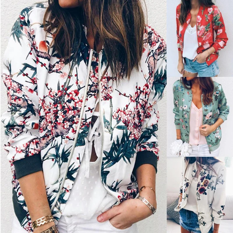 

Women's 2020 Autumn And Spring Fashion Floral Coat Embroidered Printed O Neck Crew Neck Zipper Long-Sleeve Short Jacket