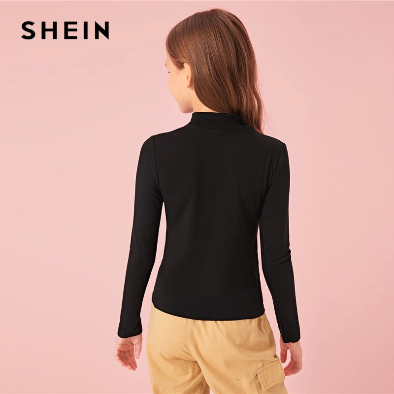 SHEIN детский черный воротник-стойка с буквенным принтом формы установлены Повседневное»; футболка; детский топ; осень, длинный рукав, облегающее детские футболки