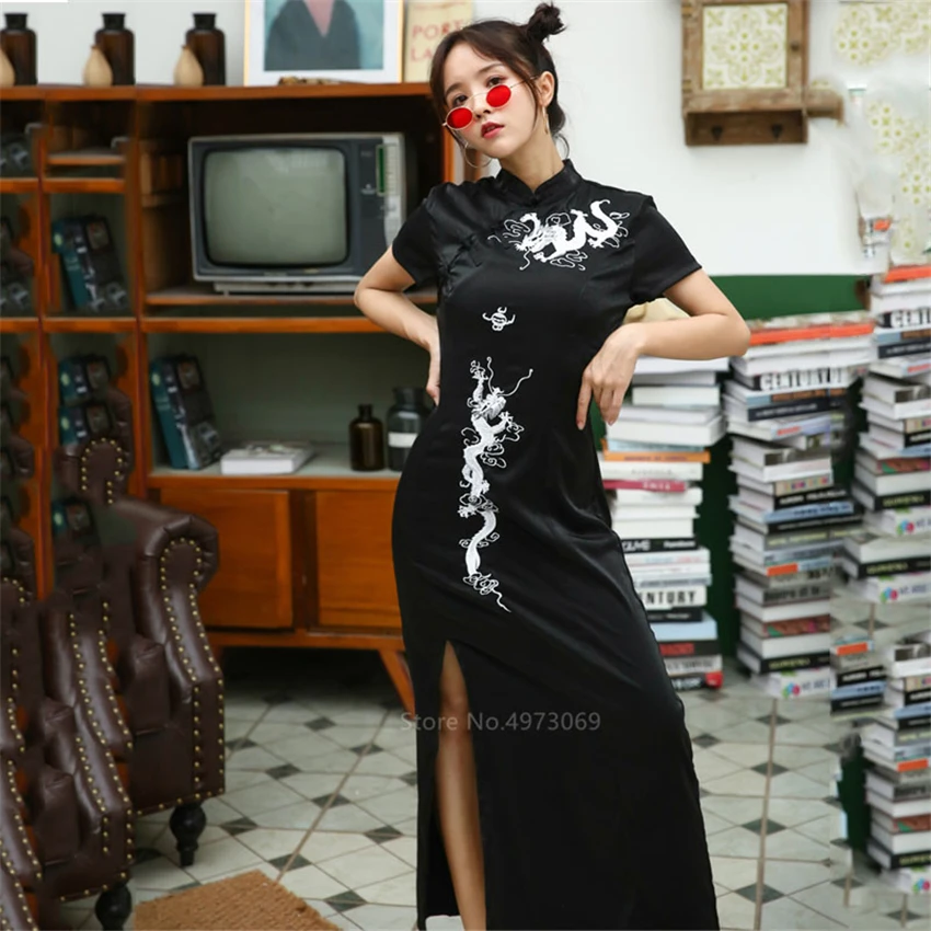 Китайское платье с вышивкой дракон Ципао винтажное вечернее платье на вечеринку длинный халат традиционный ченсам для женщин черный сексуальный готический