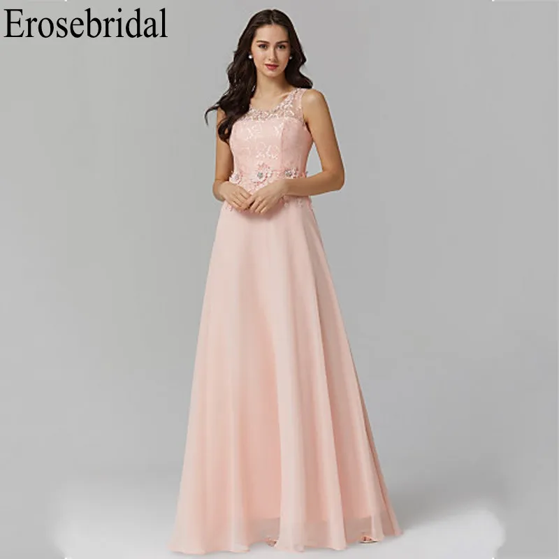 

Erosebridal Pink Evening Dress 2019 Elegant Party Gowns Long Lace Bodice with Zipper Back Chiffon Evening Dress Long
