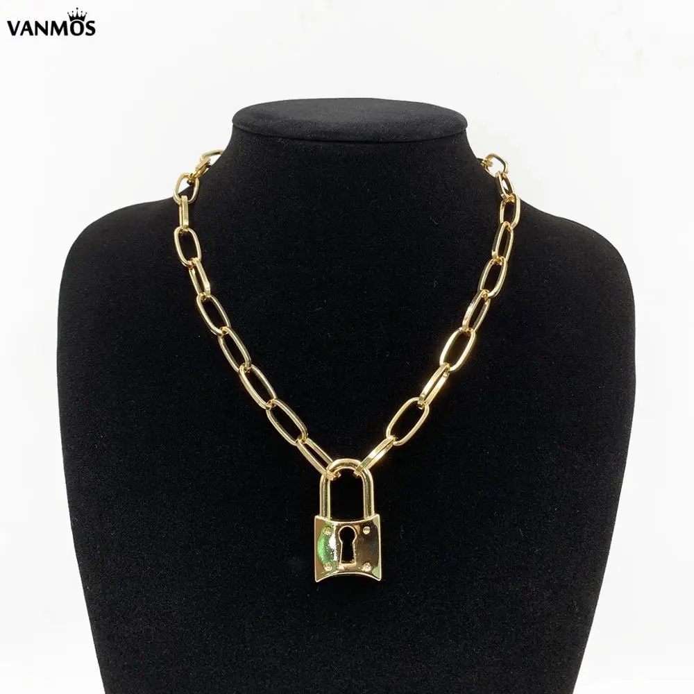 

VANMOS Fashion Punk Thick Chain Lock Pendant Necklace for Women Girl Trendy 2019 Long Statement Neck Collar Jewelry Gift New