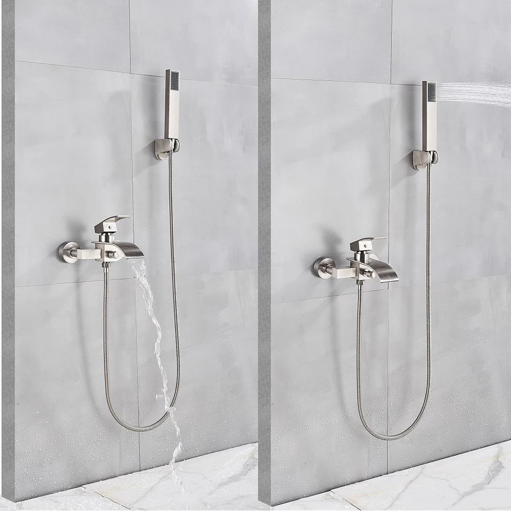 Golden Bathtub Faucet Brass Wall Mounted Waterfall Tub Spout Bathroom Shower Faucets Crane With Handshower Cold Hot Mixer Taps 2