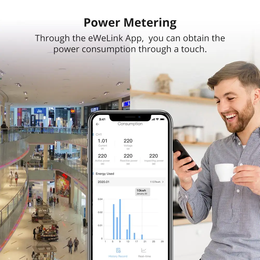 SONOFF WiFi Smart Stackable Power Metering Relay Switch – 4 Gang, 20A Per Channel, App & Remote Control
