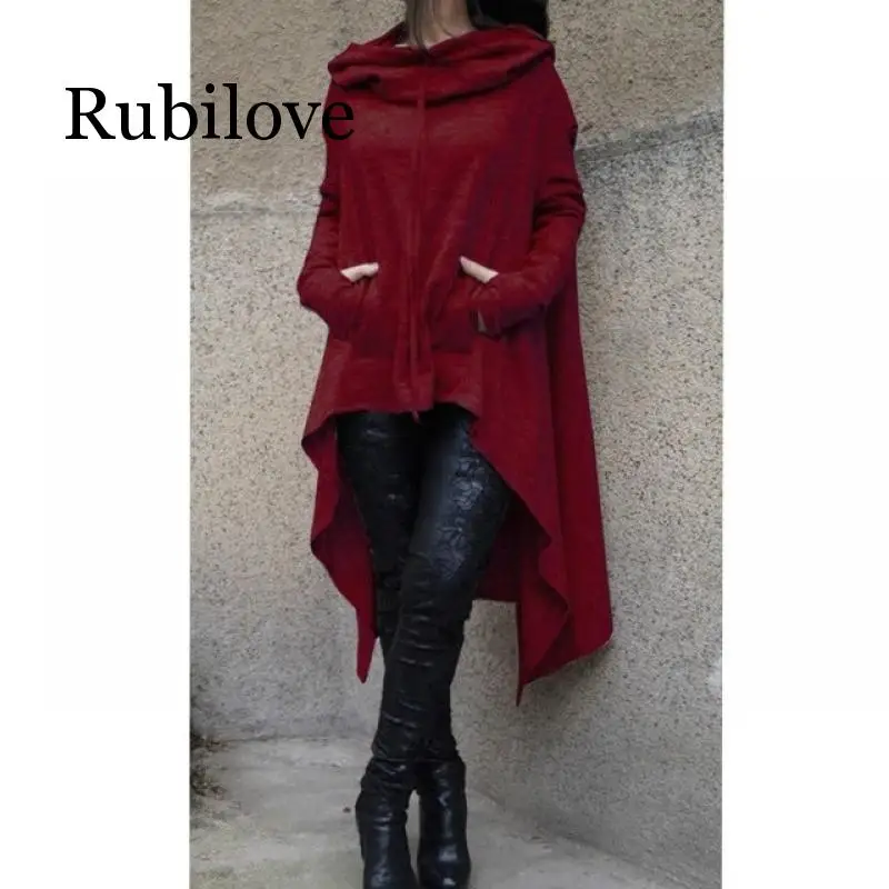 

Rubilove Women Autumn 2019 New Fashion Long Asymmetric Casual Hoodie Solid Multi Color Long Sleeve Drawstring Hooded Plus Size S