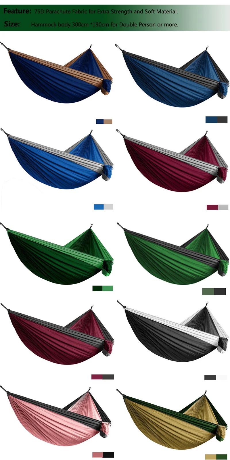 Solid Color Parachute Hammock with Hammock straps and upgrade carabiner Camping Survival travel Double Person outdoor furniture