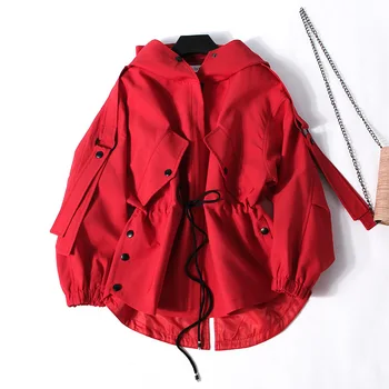 

Red Trench Coat Women Hooded Casual Windbreaker Overcoat For Femme Fashions Loose Oversized Fall 2019 Autumn Clothes Spring 0187