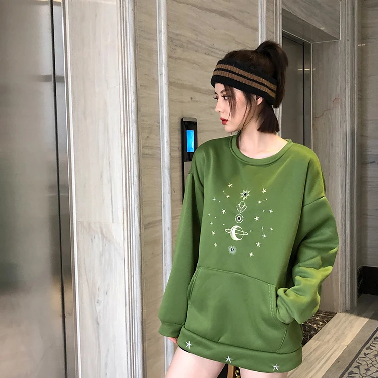 Новинка зимы, теплые бархатные графические толстовки для женщин, harajuku, флисовая негабаритная толстовка с капюшоном, с вышивкой, спортивный костюм с карманом