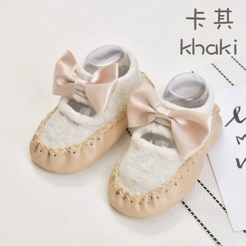 khaik LOOZYKIT/детские носки-башмачки для малышей Детские низкие носки для малышей Нескользящие дышащие кожаные носки с бантом - Цвет: khaik