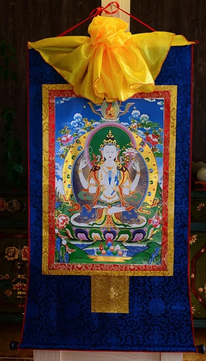 

FHY 35*20cm 2 style Hand Four-armed Green Tara thangka Scroll paintings Chinese art paper Silk embroidery painting