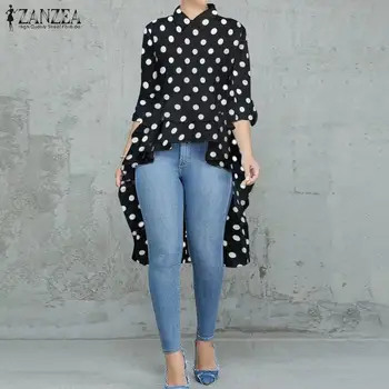 

Fashion Women Polka Dot Shirt Asymmetrical Blouse Spring Lapel Neck High Low Tops Tunic Female Long Sleeve Ruffles Hem Blusas