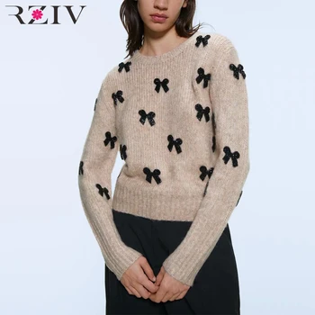 

RZIV Autumn and winter women's sweater casual solid color round neck long sleeve bow decorative sweater