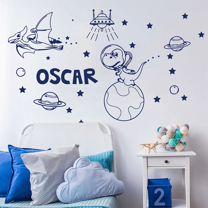 Personalized Name Dinosaur Space Astronomy Wall Sticker Kids Room  Dinosaur Spaceship Planets Meteorite Stars Moon  Wall Decal  (2)