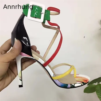 

Graffiti Mixed Color Narrow Band Sandals Women 10cm Thin Heel Cover Heels Cross Belt Open Toe Party Sandalias Mujer