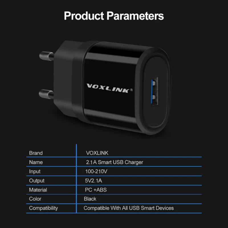 VOXLINK USB зарядное устройство адаптер 1 порт для iPhone 5V 2.1A настенное/дорожное