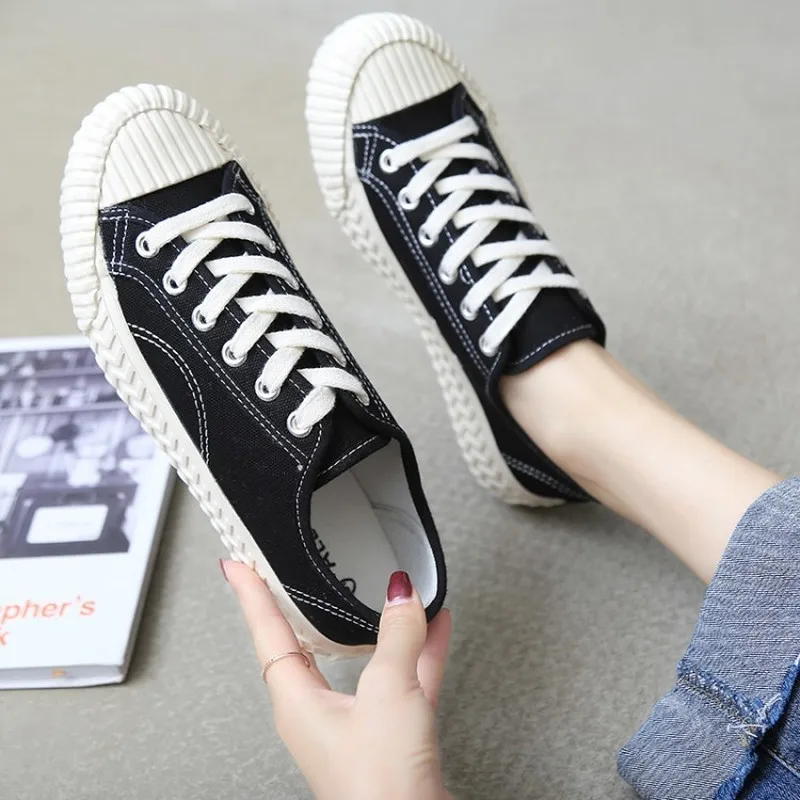 

2020 spring New apanese Harajuku yellow black color Low To Help Canvas Female JSmall White Shoes Wild Tie Women's Y20-14