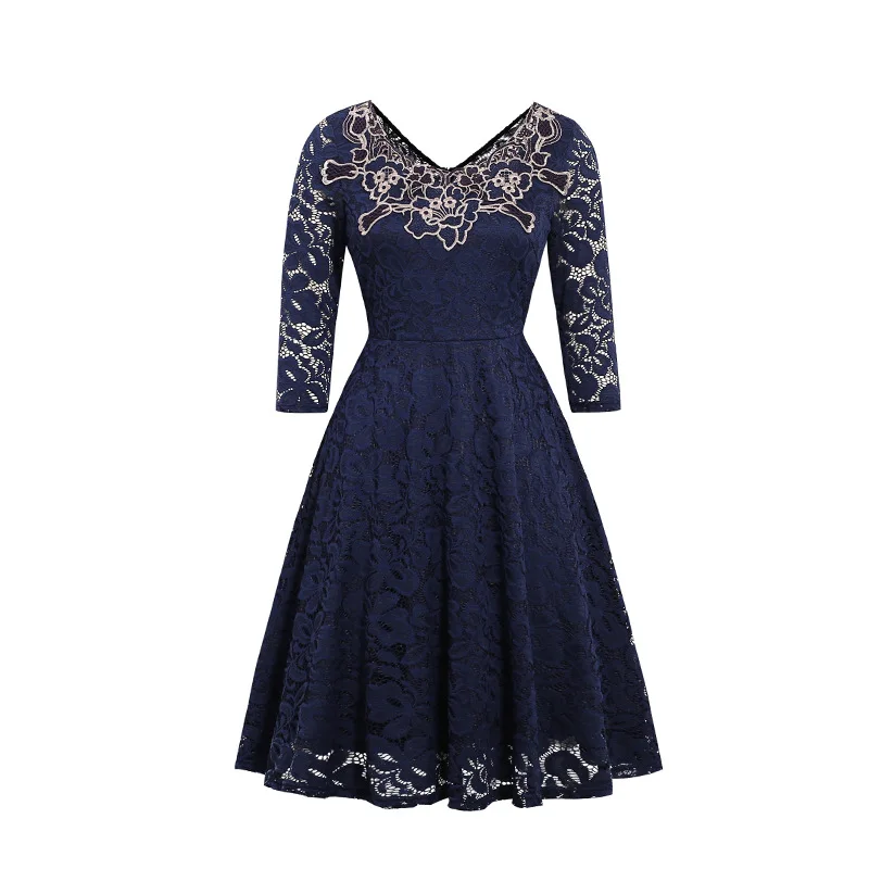 navy blue Темно-синие кружевные платья для выпускного вечера с v-образным вырезом и длинными рукавами платье на выпускной вечер до колена ТРАПЕЦИЕВИДНОЕ ПЛАТЬЕ для подростков ESAN346 - Цвет: navy blue