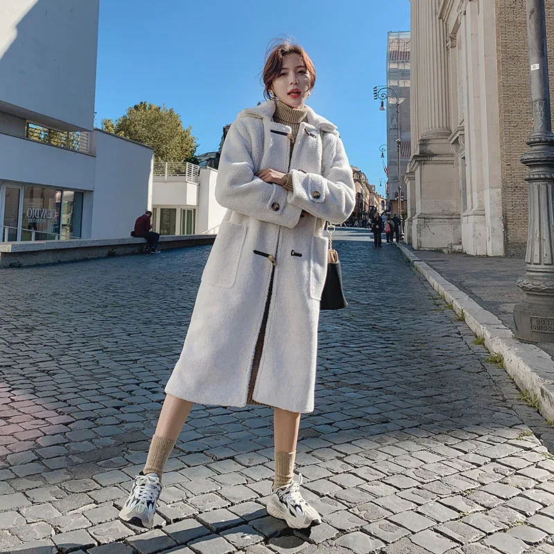 

Photo Shoot 2019 Winter New Style Korean-style Off-white Toggle Hooded Casual Mid-length Lambs Wool Coat Women's Fashion